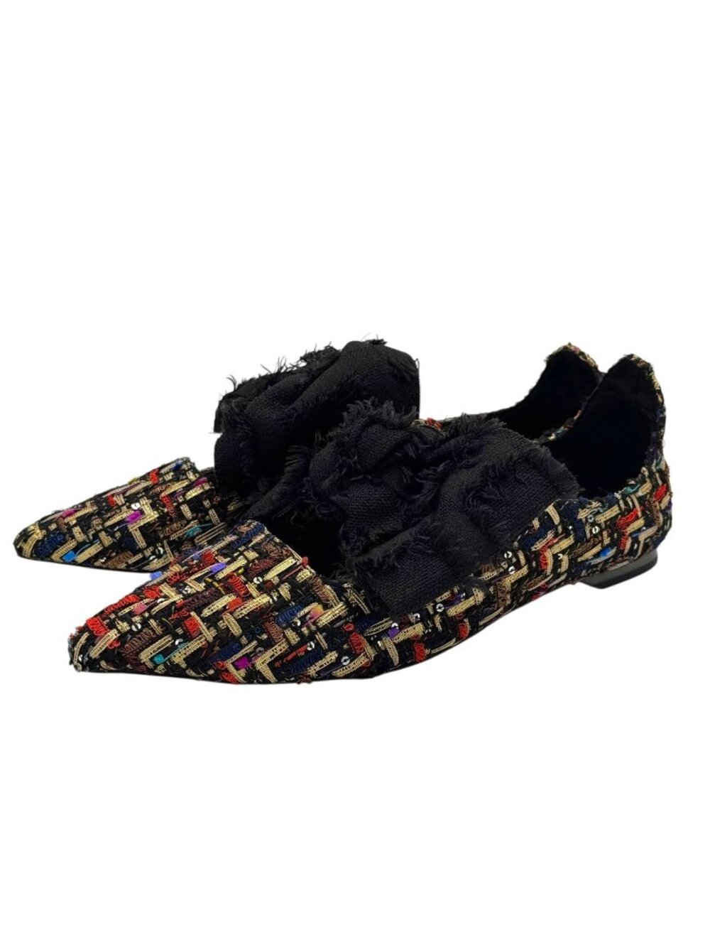 Zara Multicolor Tweed Ballet Flats Pointed Toe Black Bow EU 37/US 6.5
